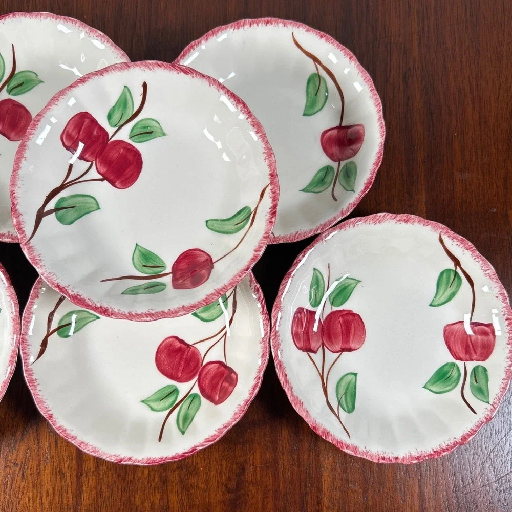 Blue Ridge Southern Pottery Hand Painted Fruit Bowls Red White Scalloped Vtg SIX